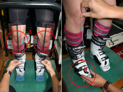 足の印と緑のラインがぴったり合い膝の中心部がブーツの真ん中のラインと合えば完成